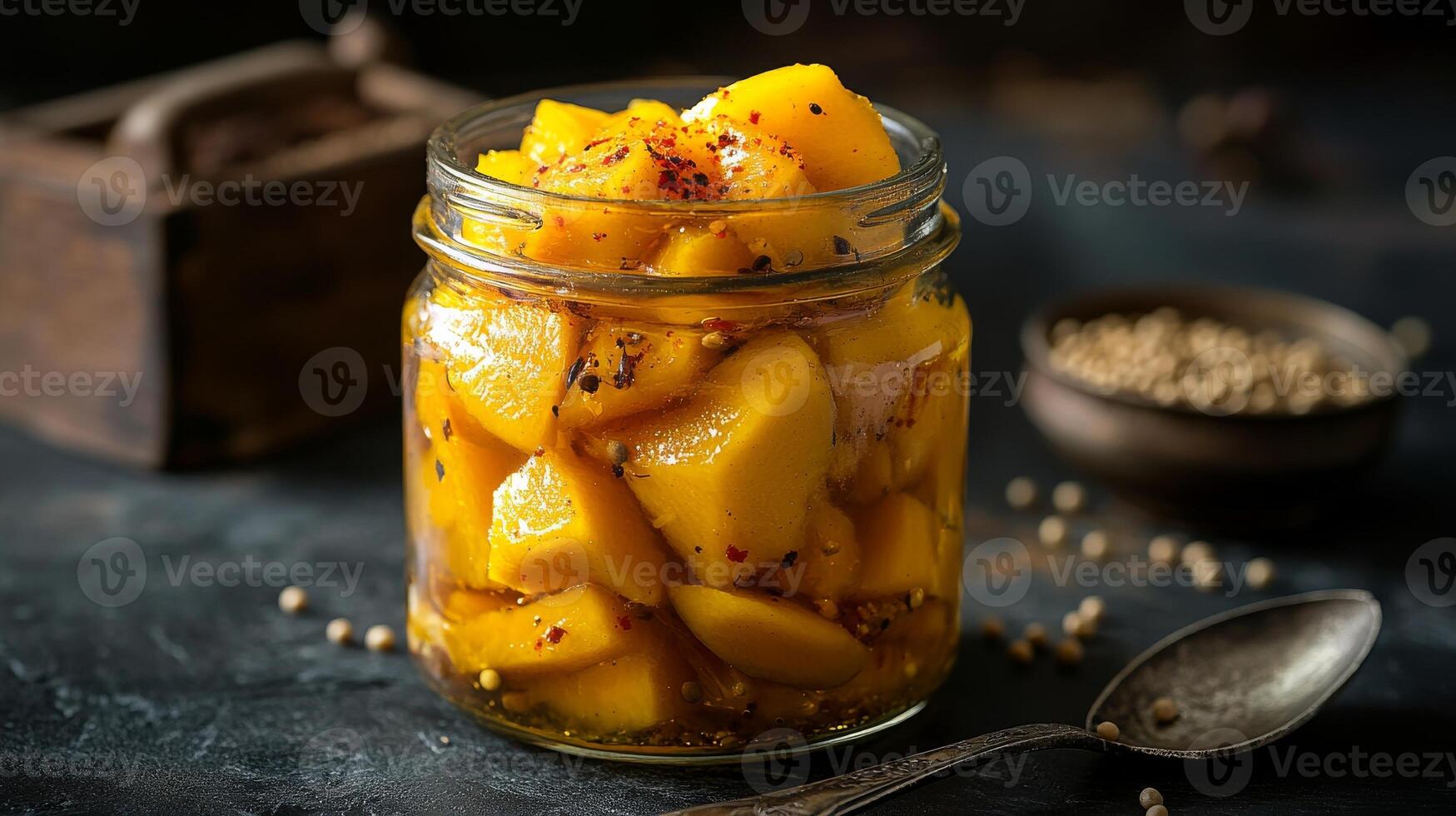 A glass jar with homemade mango pickle, tangy yellow pieces. Fermented food spiced with mustard seeds. Exotic flavor photo