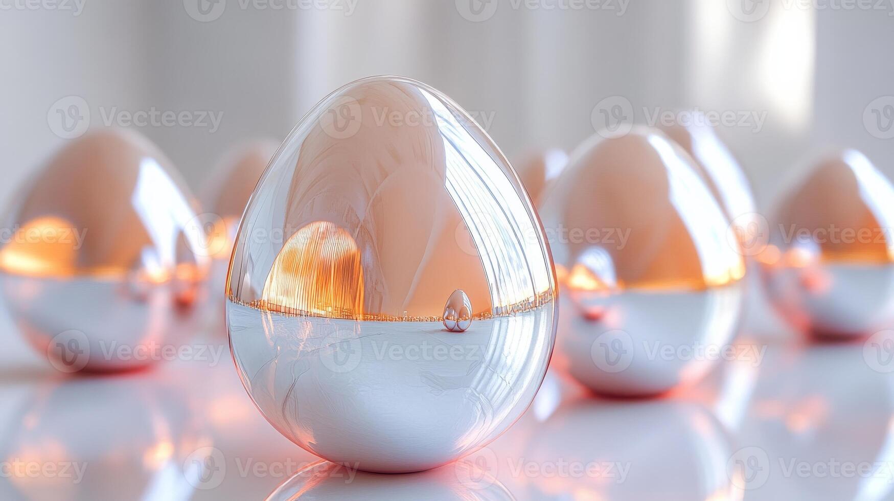 A collection of sleek, chrome eggs. The metallic surface reflects light, futuristic appearance. Modern Easter aesthetics photo