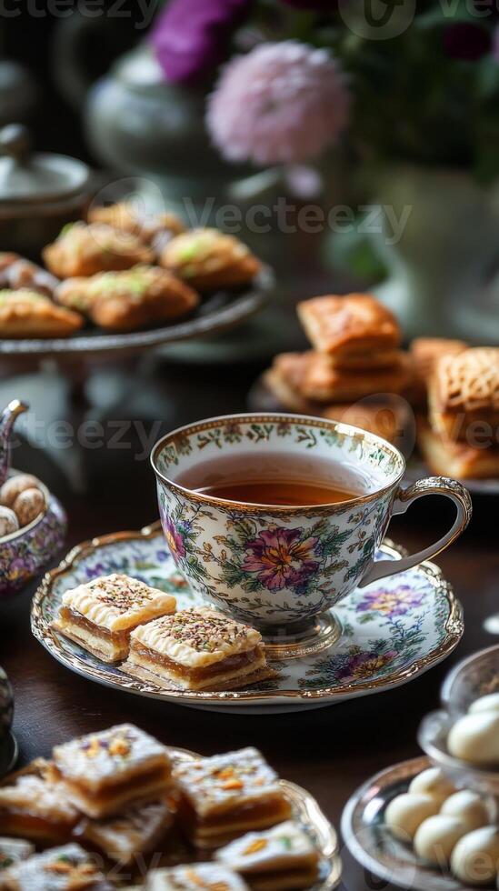 Nowruz setting with beautiful detailed porcelain cup of tea and traditional Persian sweets. Vertical image, floral decor photo