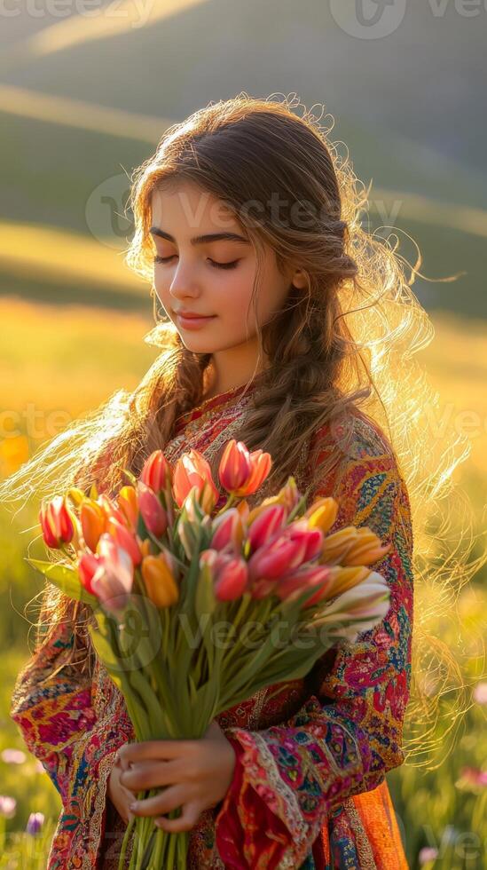 Young girl traditional attire holds bouquet of tulips during Nowruz, Persian New Year. Spring landscape. Vertical image photo