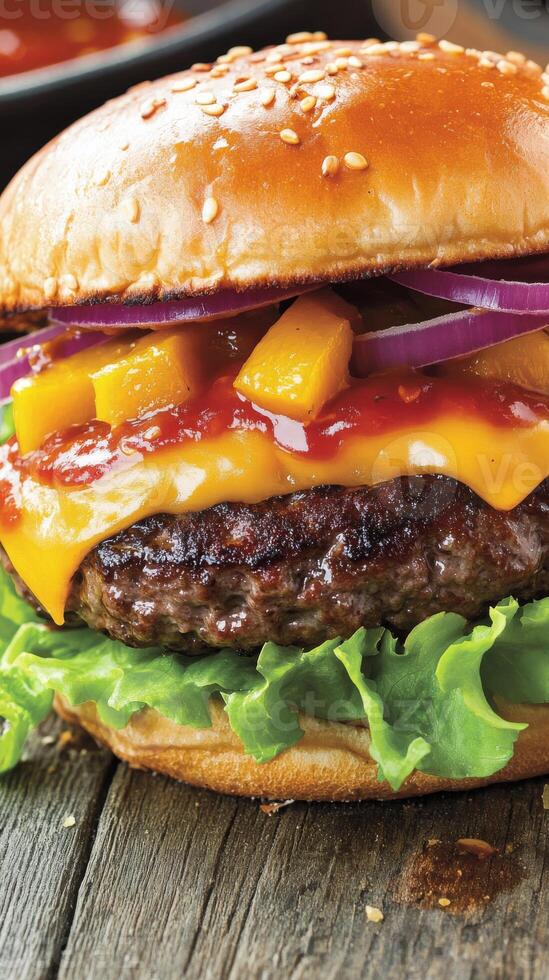 A delicious burger with a juicy beef patty, melted cheese and fresh lettuce. Yellow mango pickle adds unique flavor photo