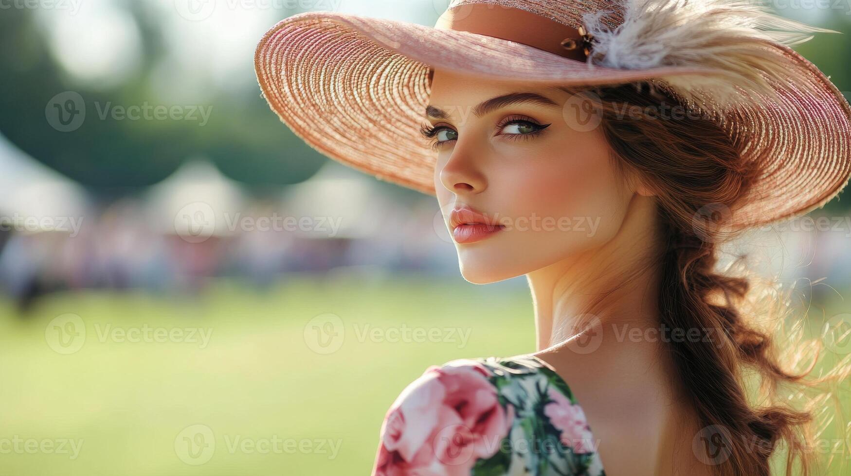 Elegant woman at horse racing event, Old Money style floral dress, hat adorn with feathers, standing on lush green field photo