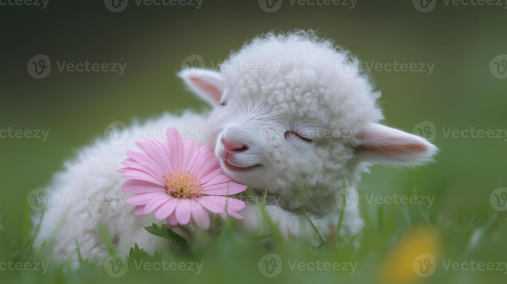 A fluffy, tiny white lamb rests joyfully on the grass, holding pink flower gently. Spring and Easter, blooming blossoms photo