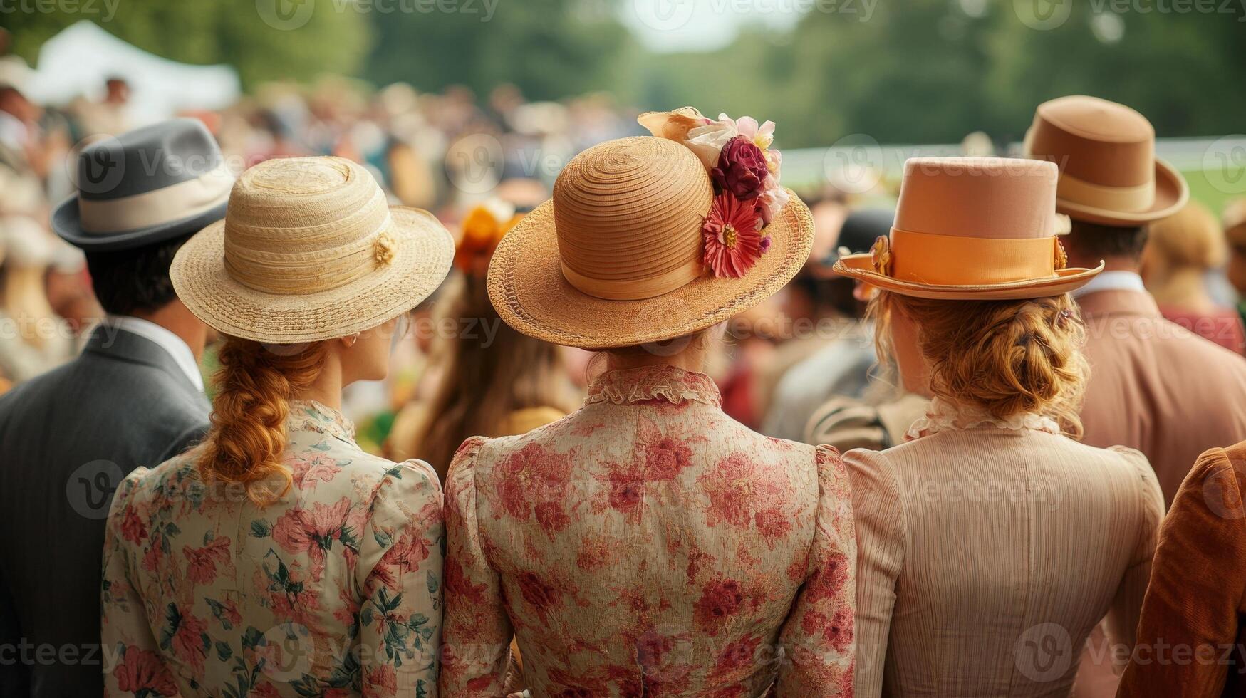 Women in floral dresses and decorative hats at a racing event, facing the racetrack. Classic Old Money vintage style photo