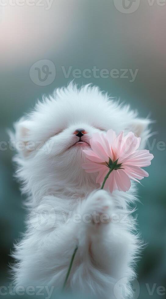 A fluffy tiny white kitten gently holds a pink flower. Essence of spring with soft tones and a serene Easter atmosphere photo