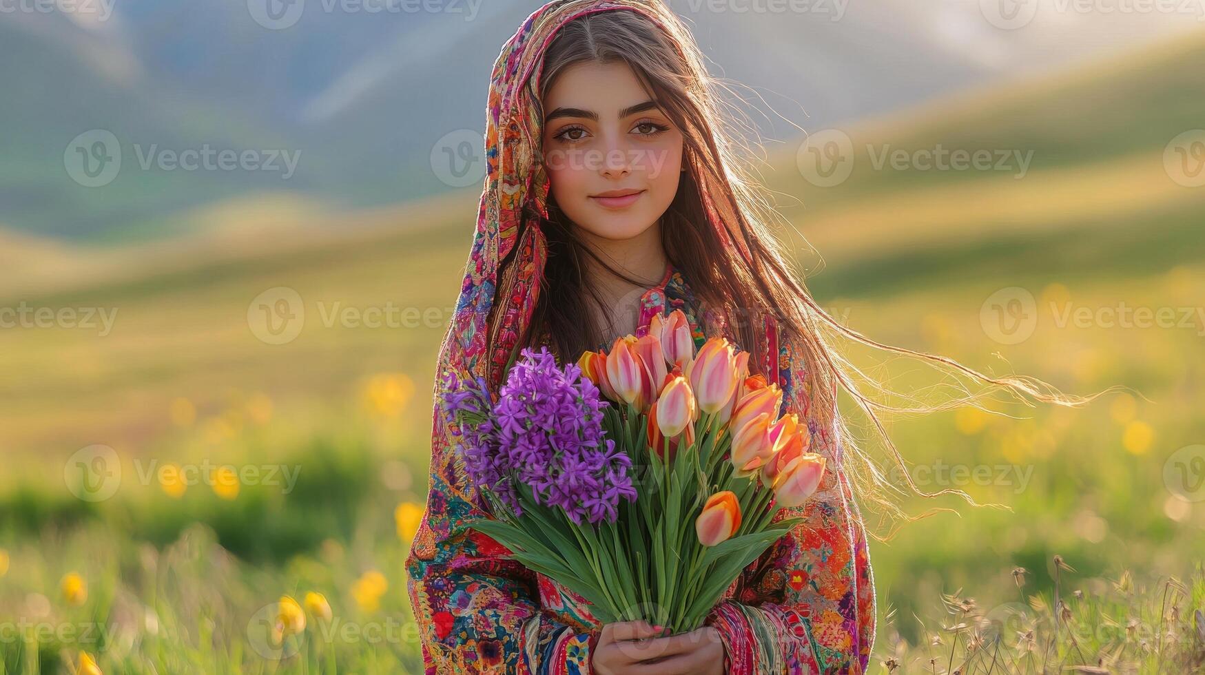 A young girl dressed in traditional Iran attire holding a bouquet of tulips and hyacinths. Nowruz, Persian New Year photo