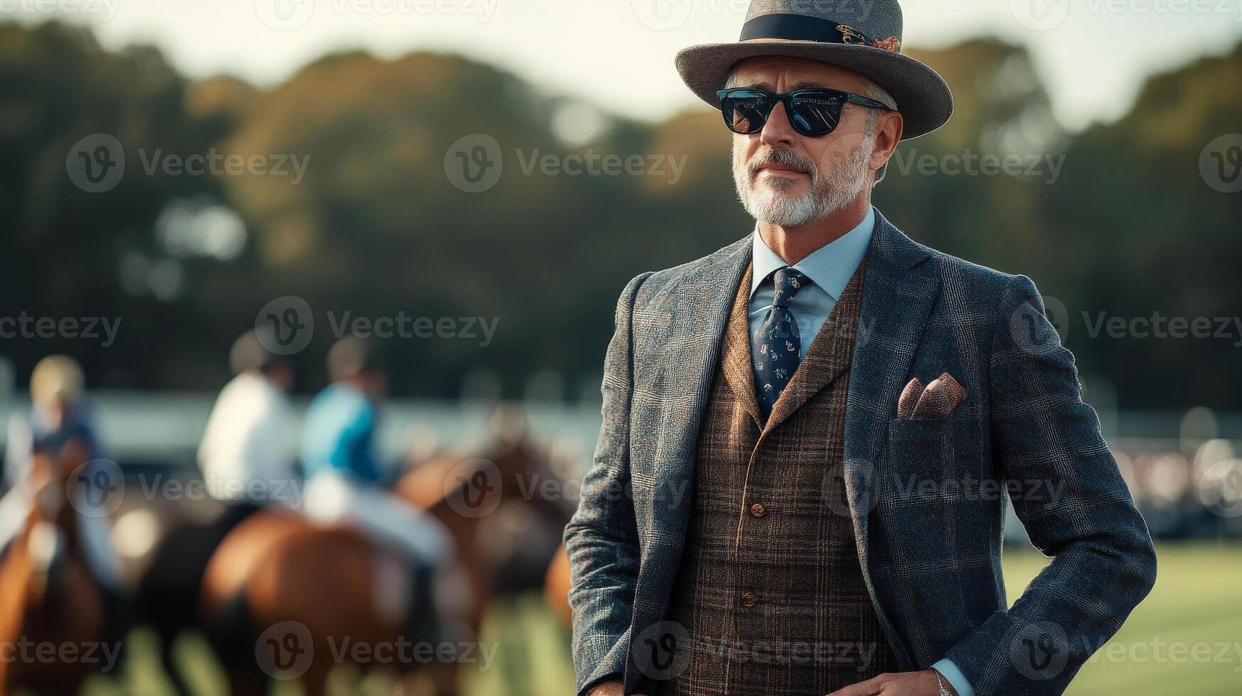 Stylish gentleman in a checkered suit, tie, and hat at horse racing event. Classic Old Money. blurred horses and jockeys photo