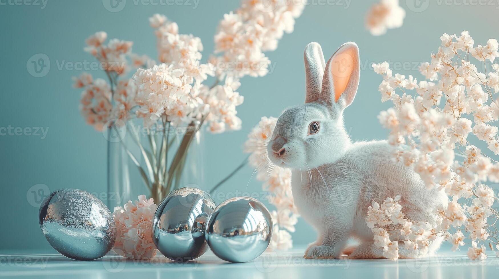 A minimalist composition featuring a white bunny next to shiny metallic chrome eggs. Spring flowers, soft Easter palette photo