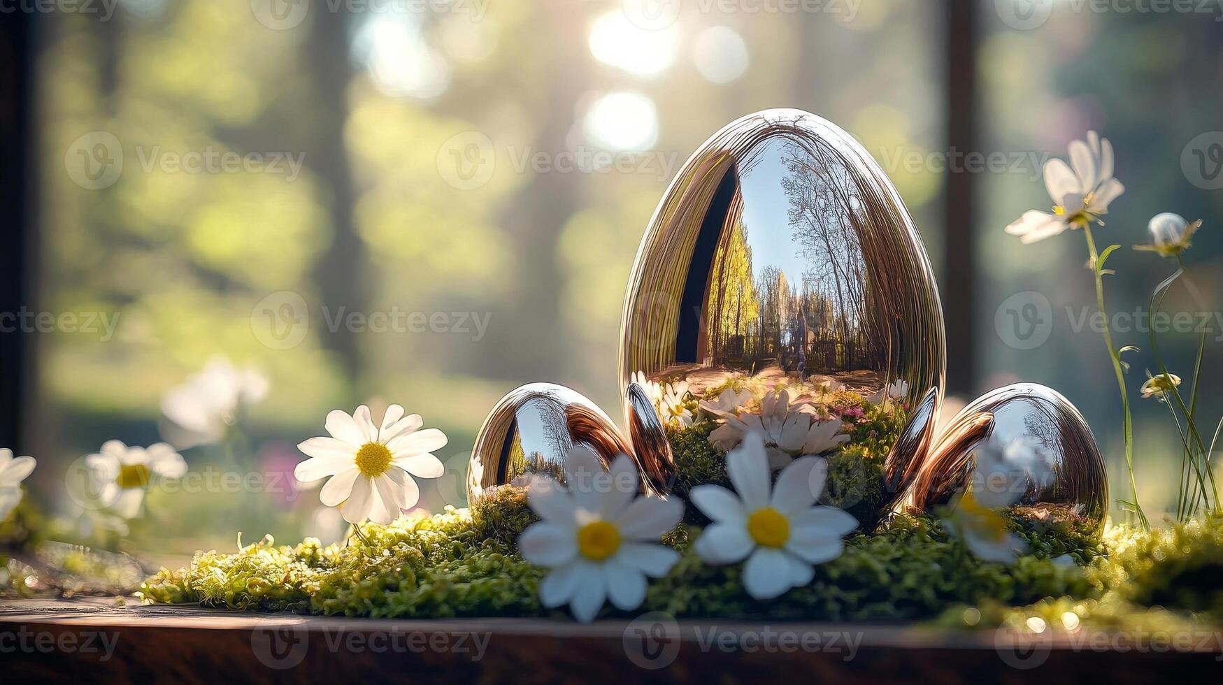 Three chrome Easter eggs resting on soft moss, surrounded by blooming flowers in sunlit forest. Modern metallic design. photo