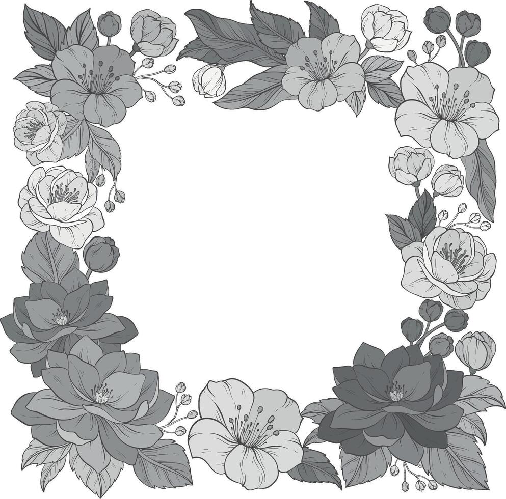 monochrome square frame with decorative flowers on white background vector