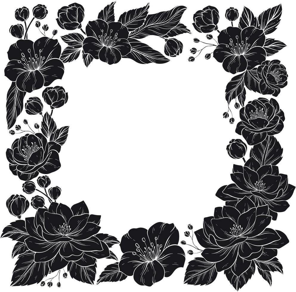 silhouette square frame with decorative flowers on white background vector