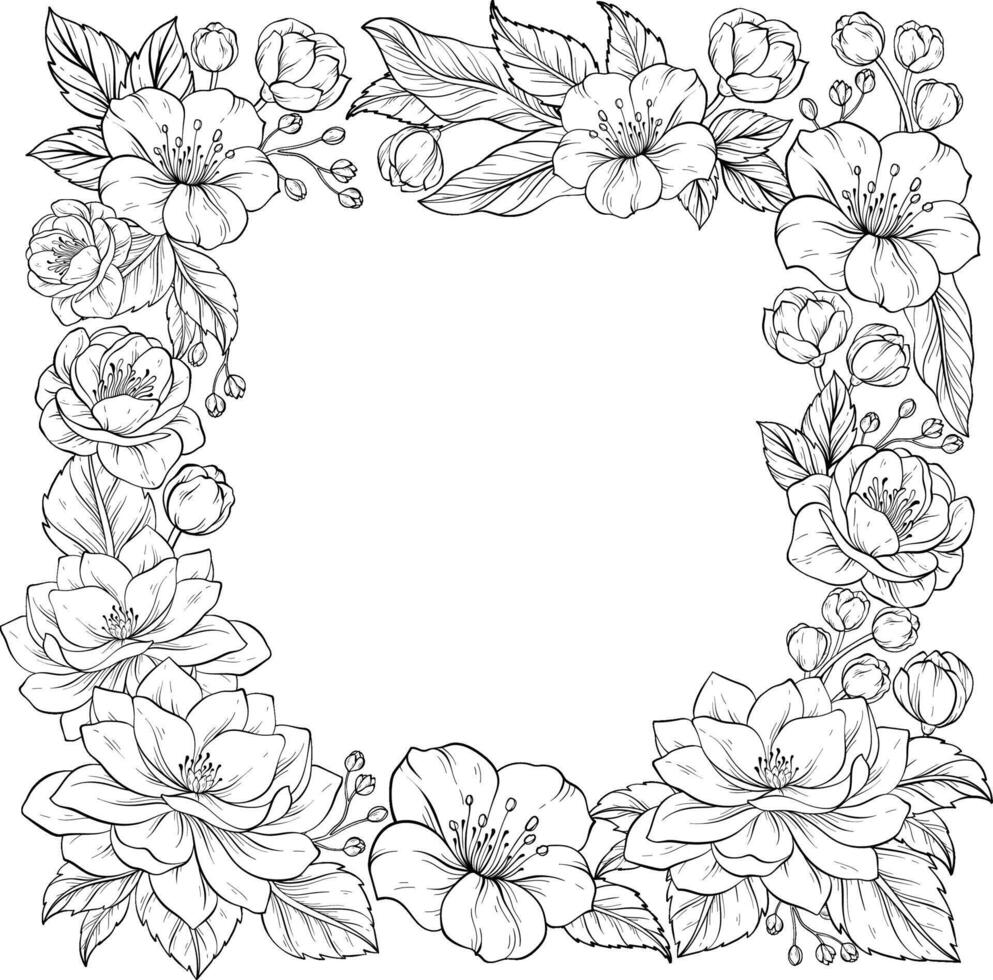 Line art square frame with decorative flowers on white background vector