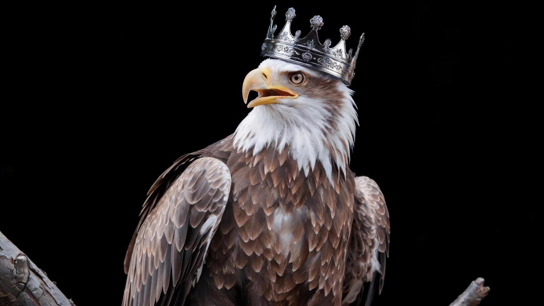 Majestic Eagle with Silver Crown on Black Background, Regal Symbol of Power, Leadership, and Authority for Fantasy Projects. Fantasy and Symbolism Concept. photo