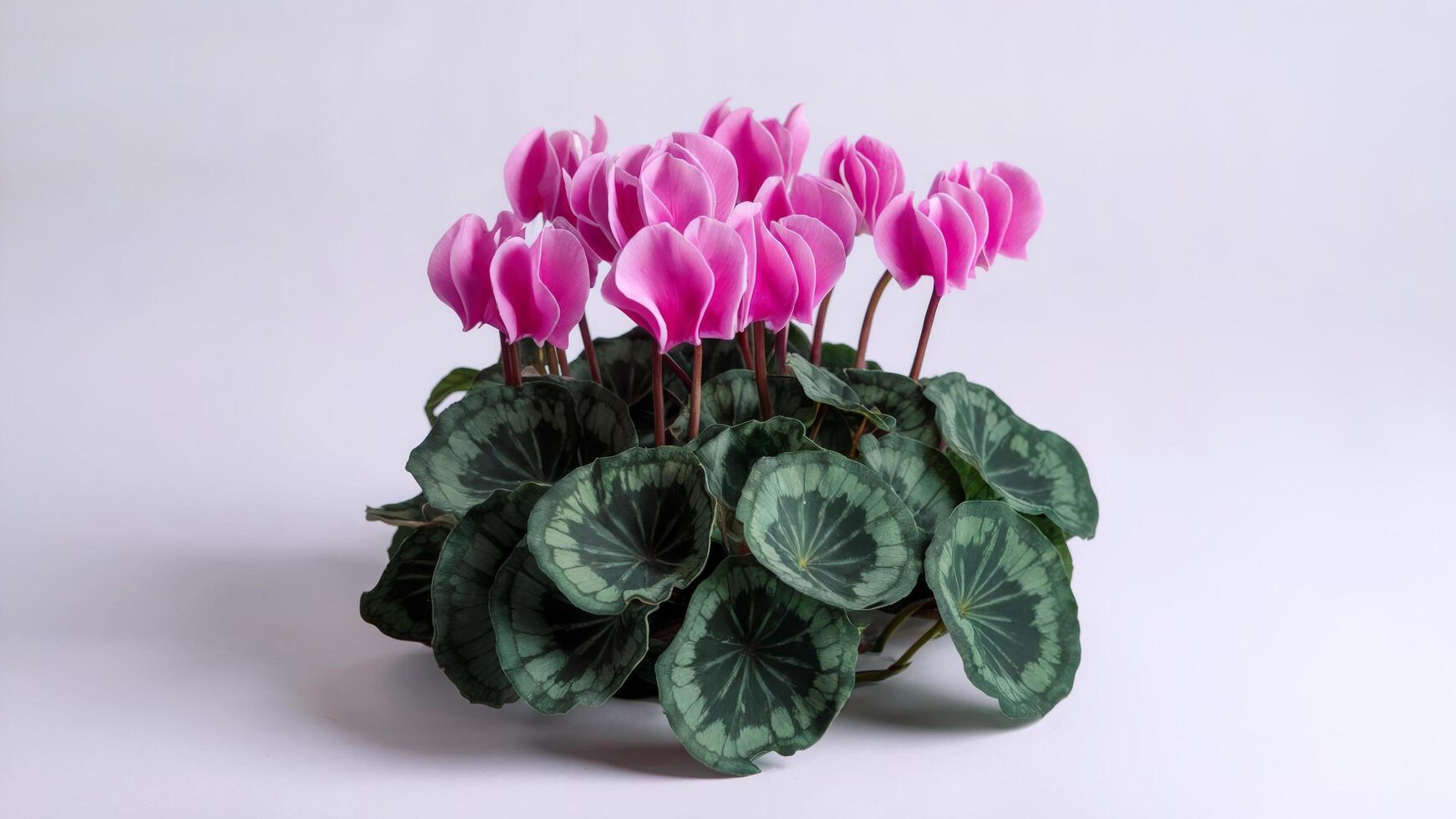 Minimalist composition of cyclamen flower isolated on clean white background, showcasing its elegant beauty. Floral design concept photo