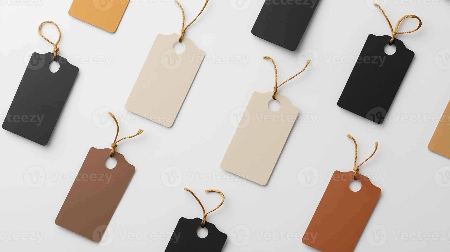 black and white and brown labels without inscriptions lie vertically top view photo