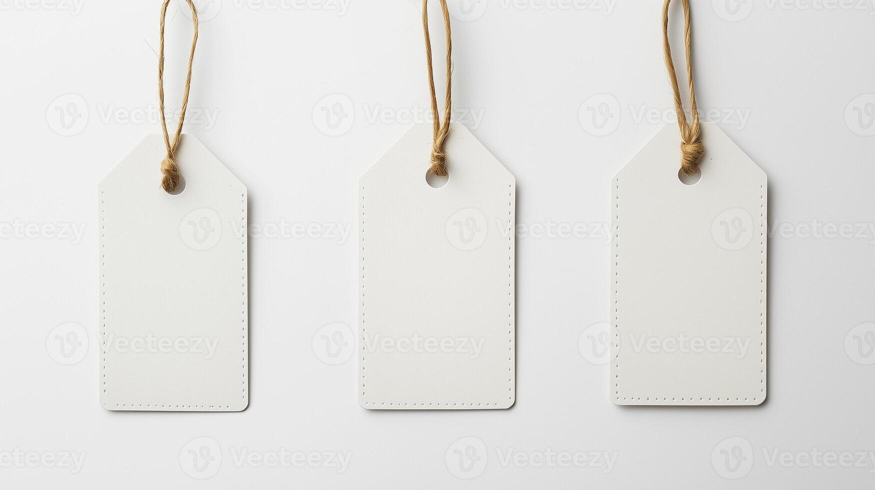 white plain tags without inscriptions on a white background with strings in a top view photo