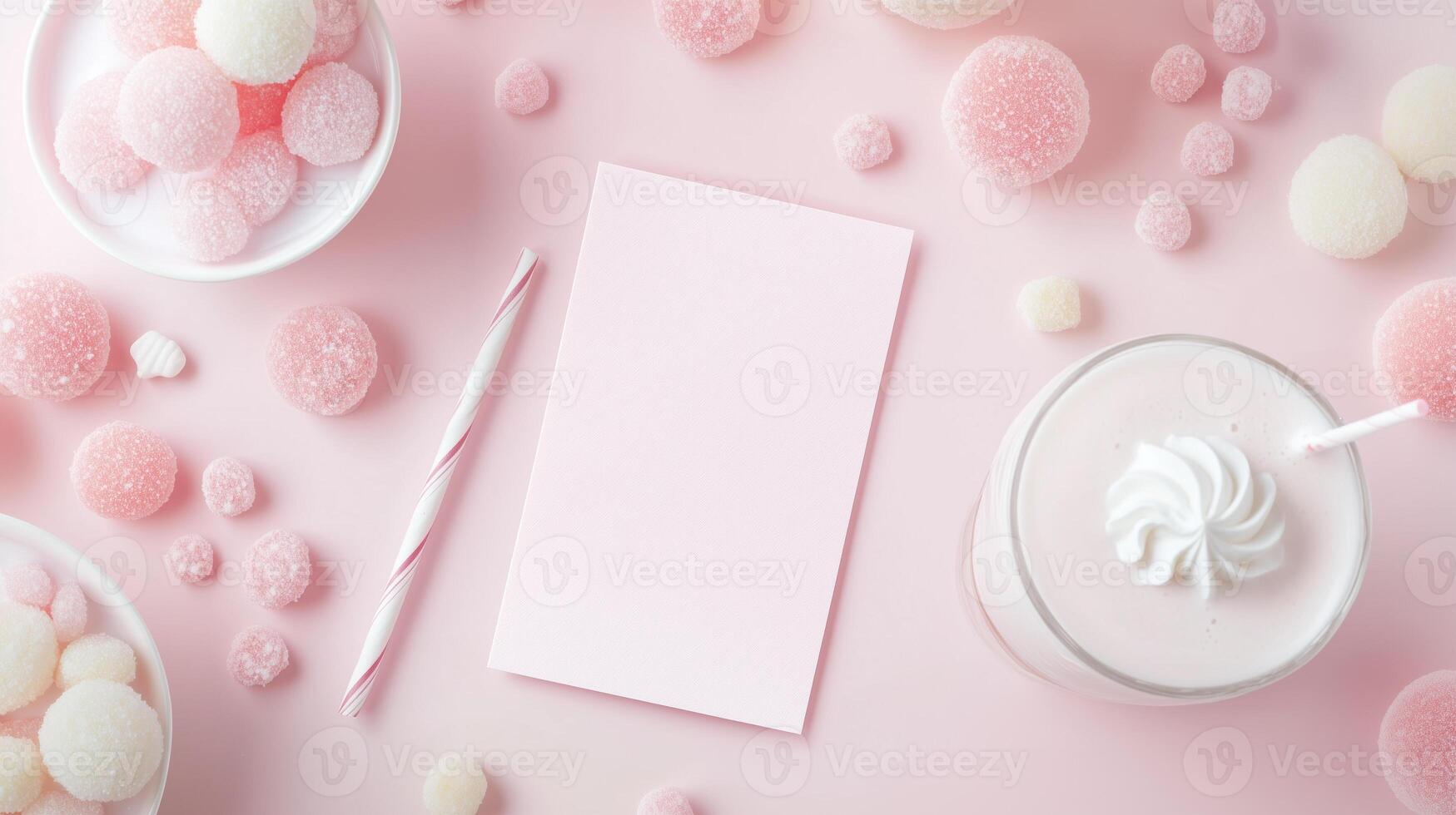 postcard layout postcard simple, with a slight pink tint, bright daylight, a few details in the form of pastel candies and a milkshake photo