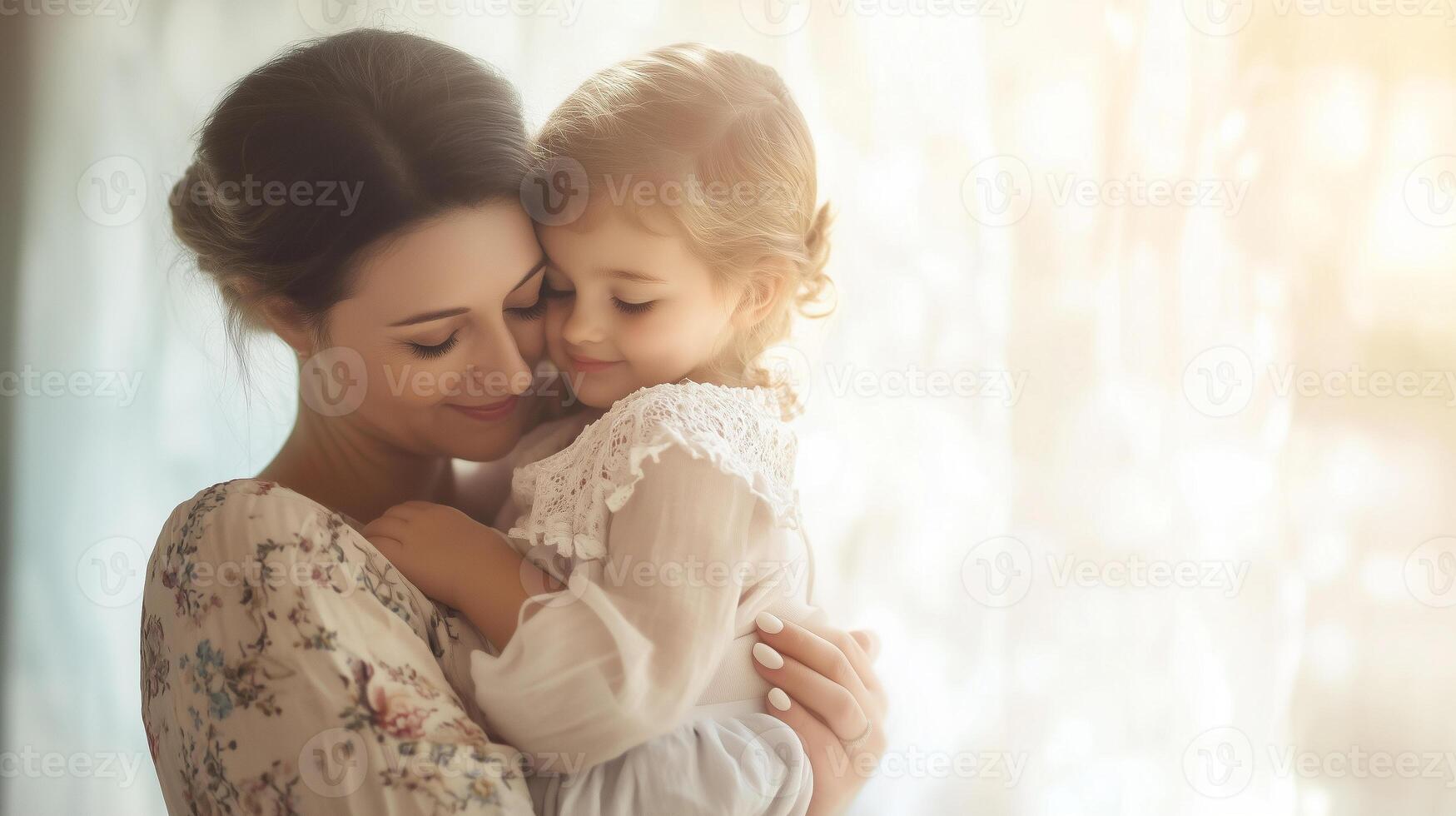 A woman is holding a small child. The child is smiling and the woman is smiling back. Scene is warm and loving photo