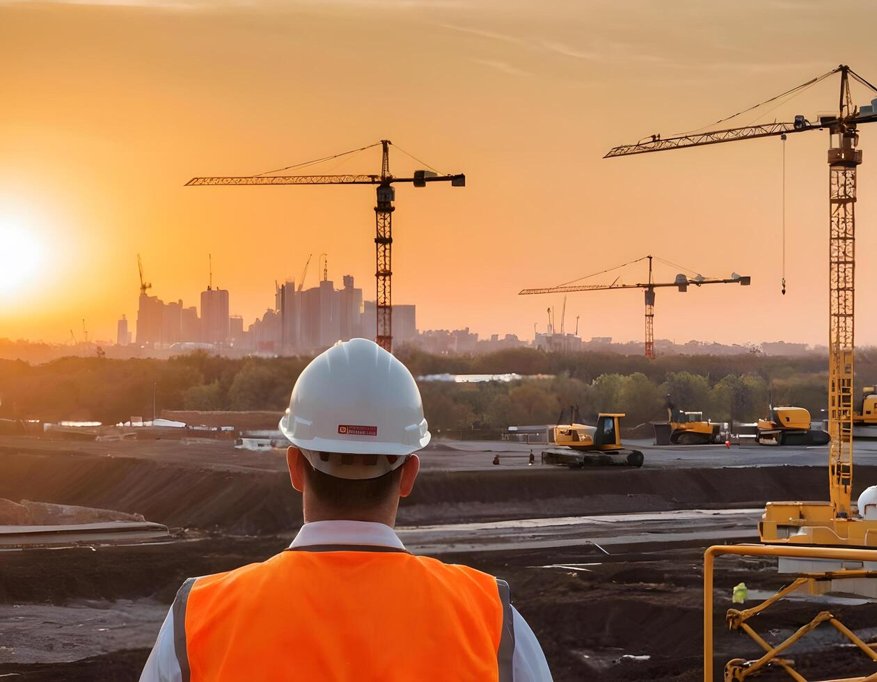A man in a safety vest stands in front of a construction site photo