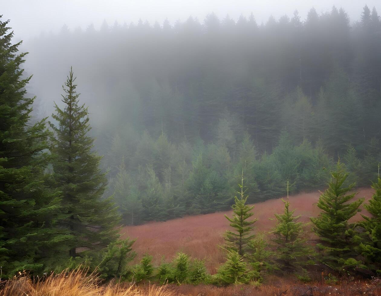 A forest with trees and a field of grass photo