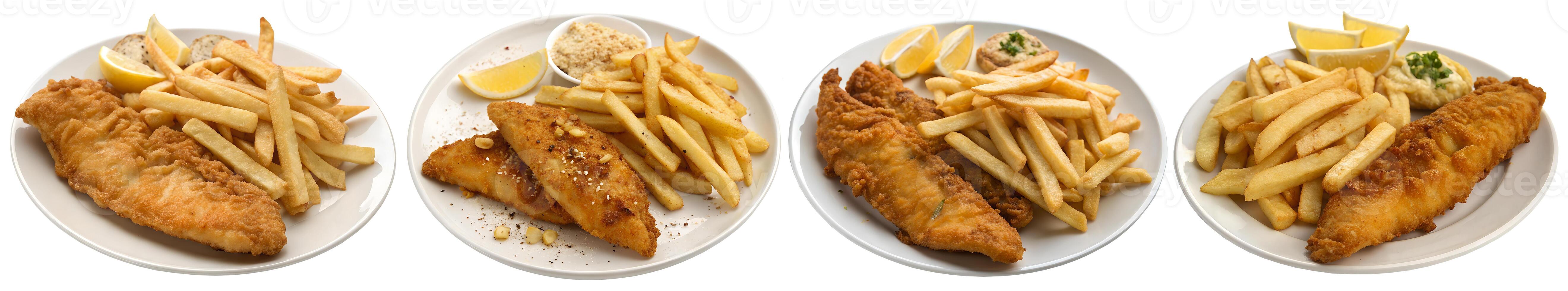 Fish and chips with fries and tartar sauce with sliced lemon on a plate isolated on a white background. photo