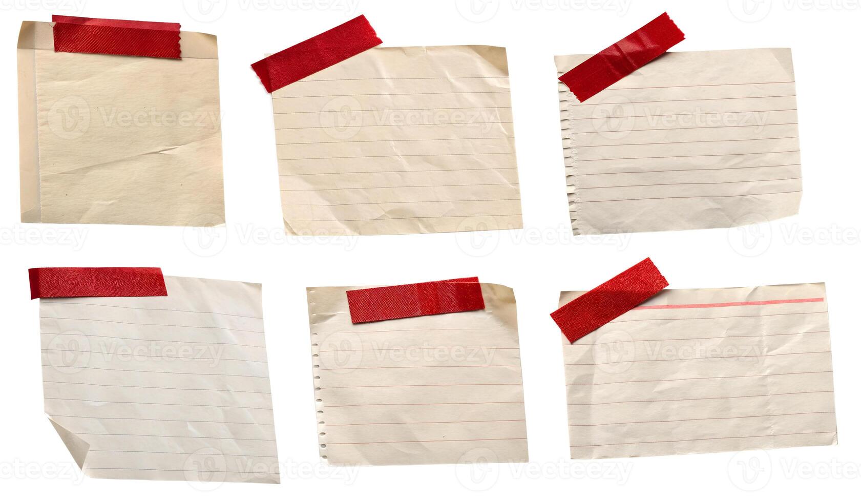 A set of papers, notes, or memos with a red ribbon on a white background photo