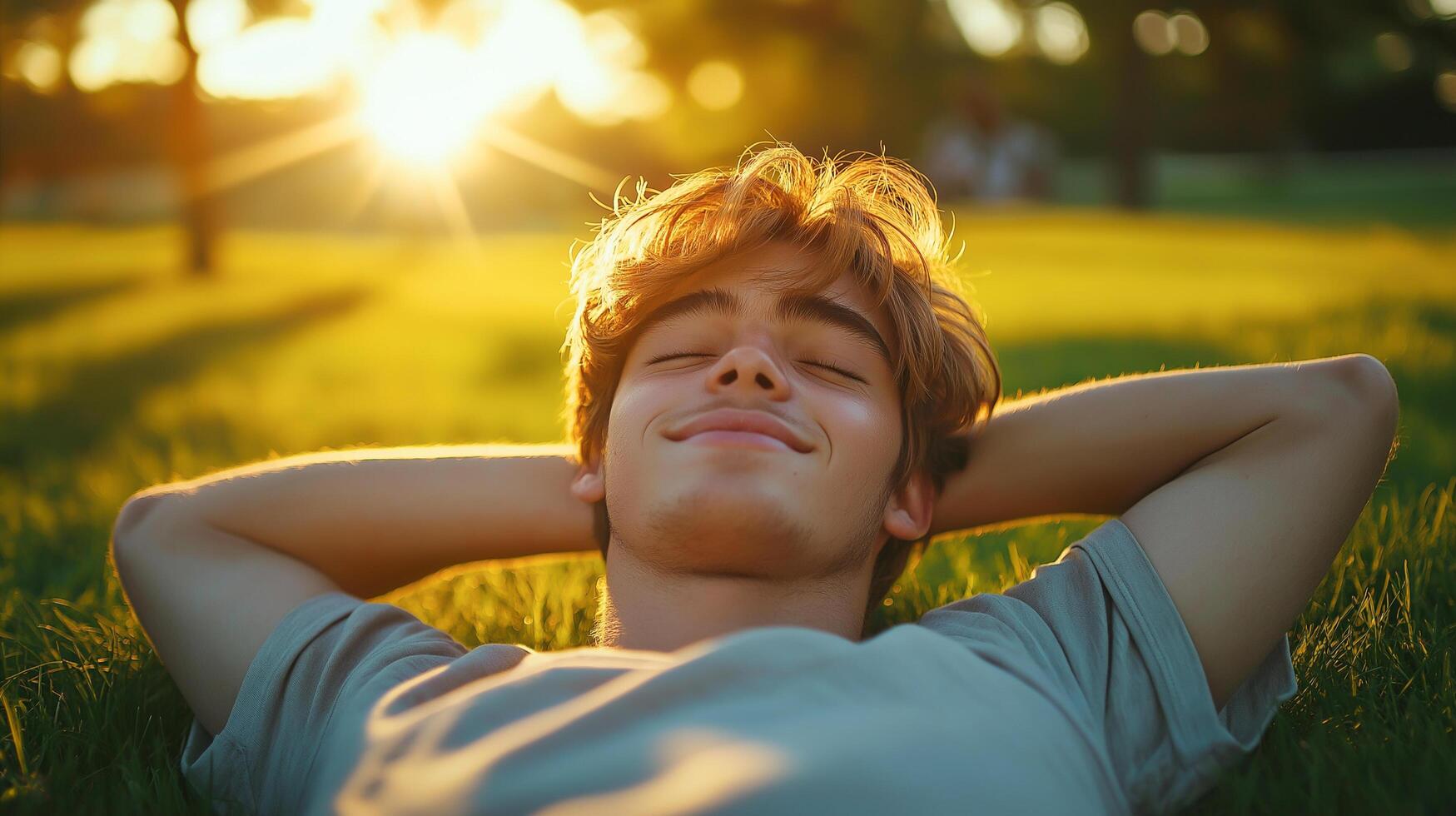 A young man relaxes on the grass, enjoying the warm sunset with a peaceful smile, embracing a carefree and tranquil moment. photo