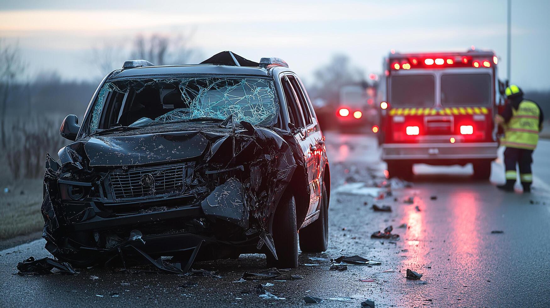 A severely damaged SUV involved in a major road accident, with shattered glass and debris, as emergency responders assist on-site. photo
