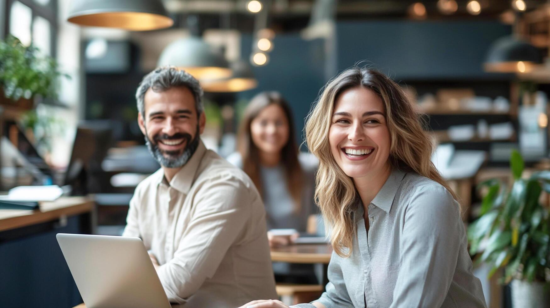 Smiling business professionals collaborating in a modern office, fostering teamwork, productivity, and workplace success. photo