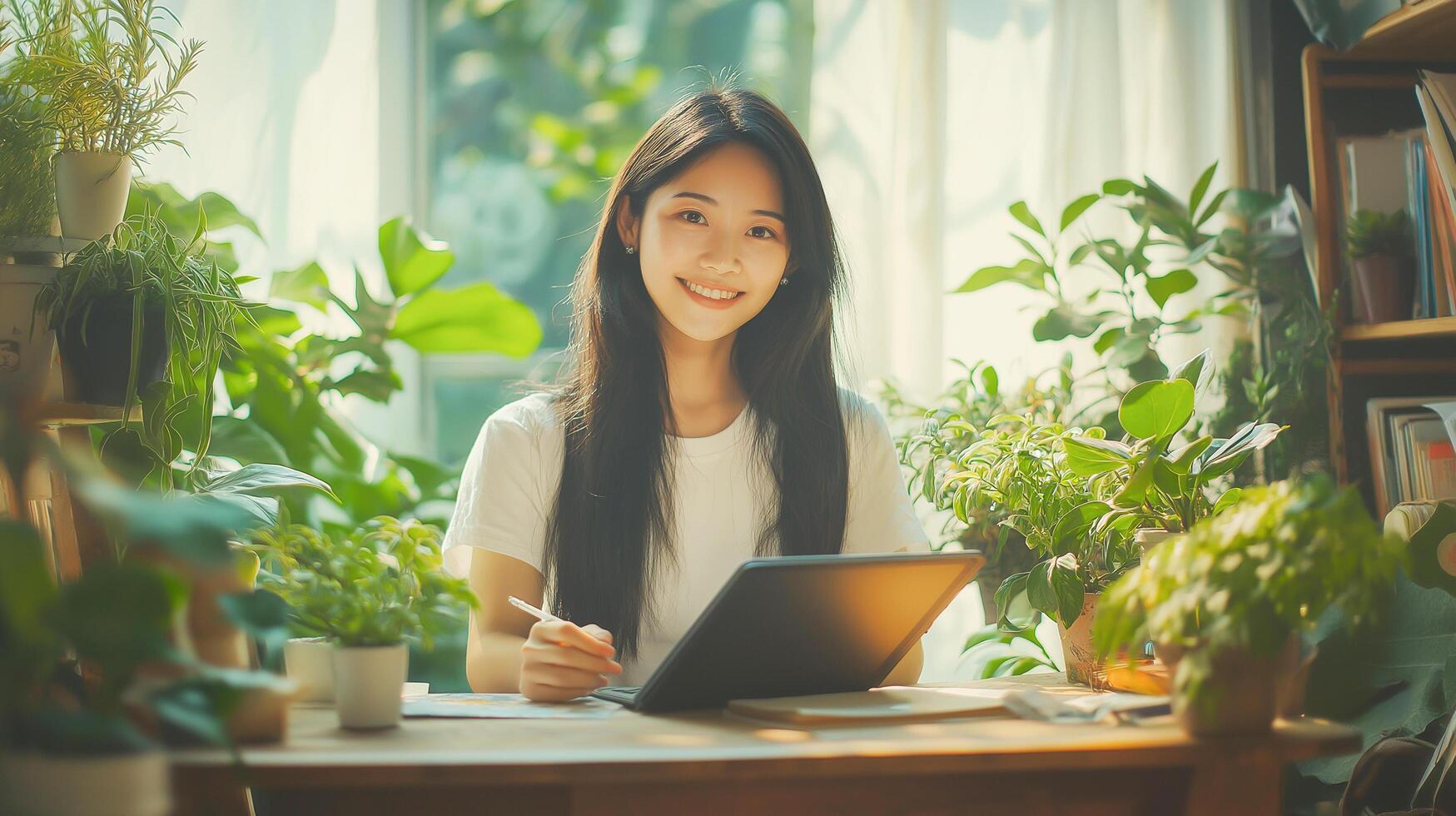 A smiling young woman works on a tablet in a bright, plant-filled workspace, surrounded by greenery and natural light. photo