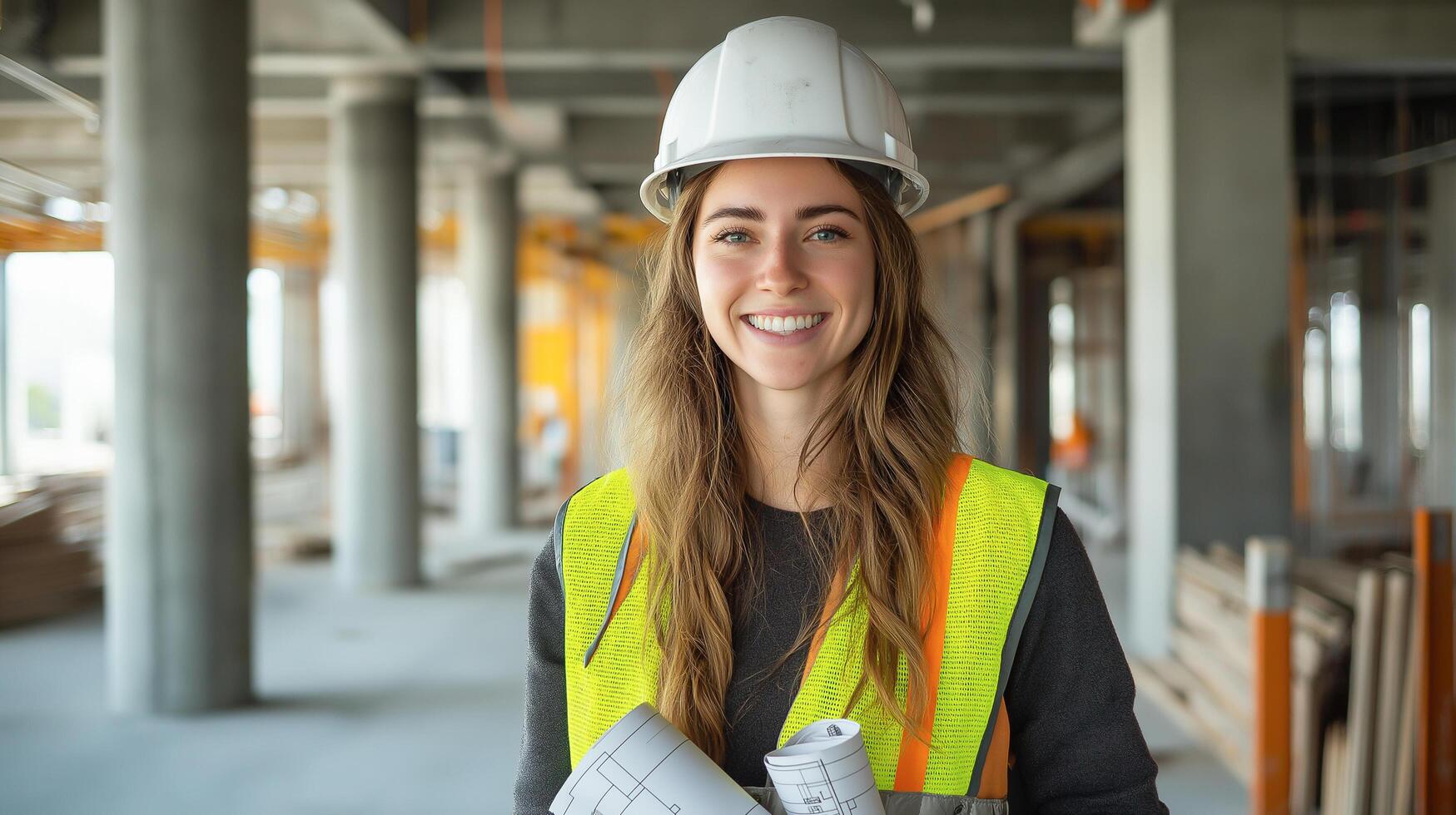 A smiling female engineer in a hard hat and safety vest holds blueprints at a construction site, confident and focused. photo