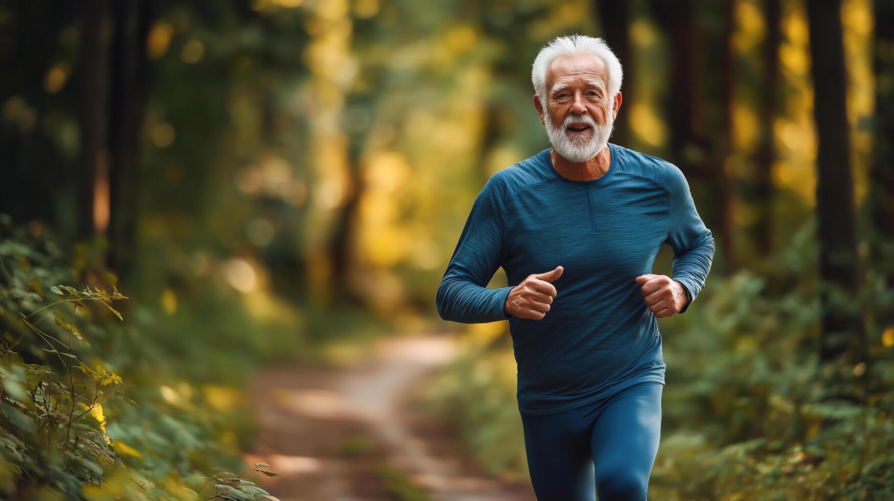 An elderly man with a fit physique enjoys jogging through a lush green forest trail, embracing an active and healthy lifestyle. photo