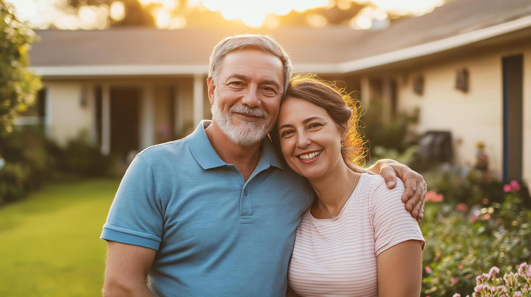 A happy senior couple embraces in their beautiful backyard, enjoying a warm evening with love, smiles, and togetherness. photo