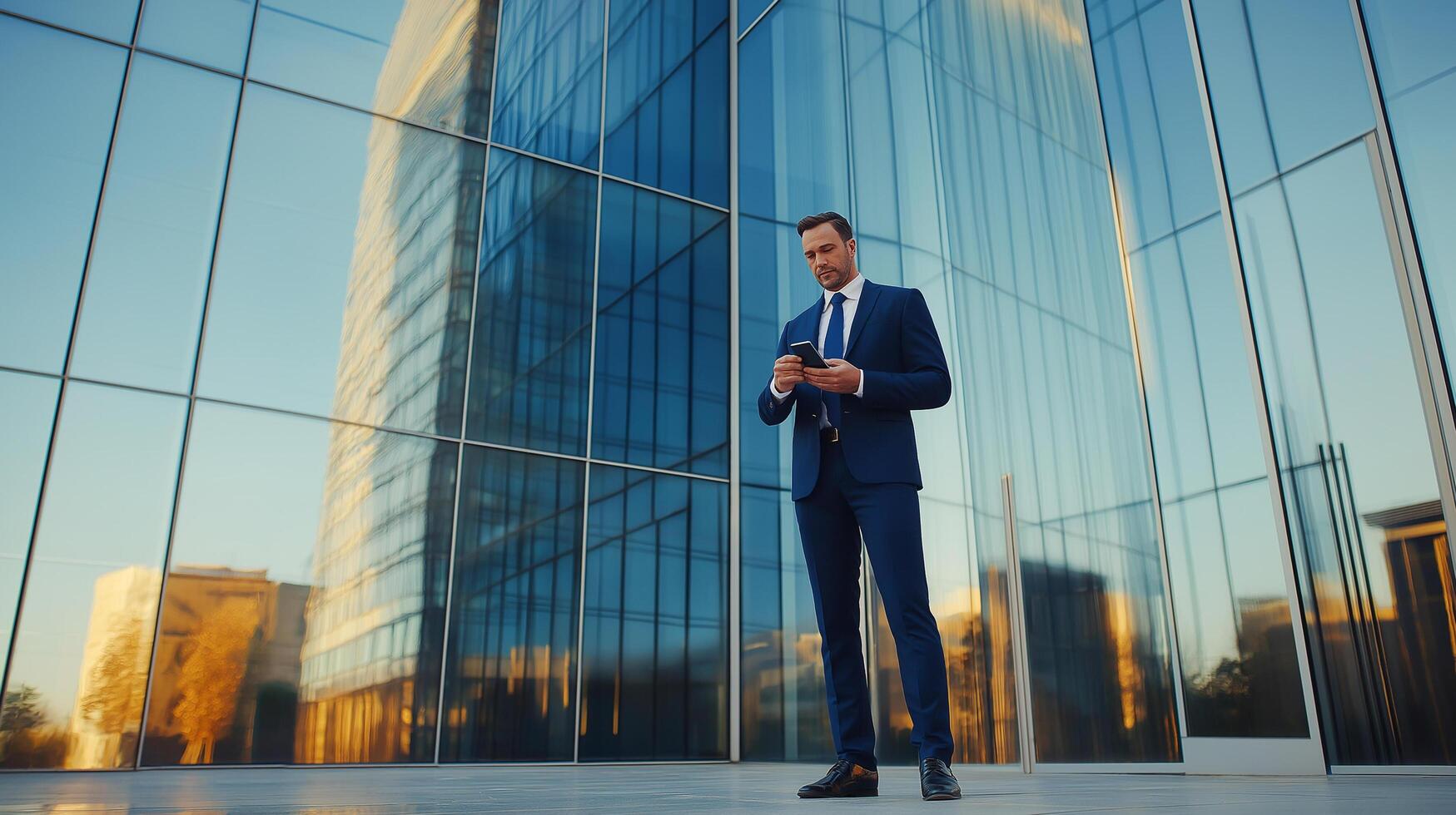 A professional businessman in a navy suit uses his smartphone outside a modern glass skyscraper in an urban setting. photo
