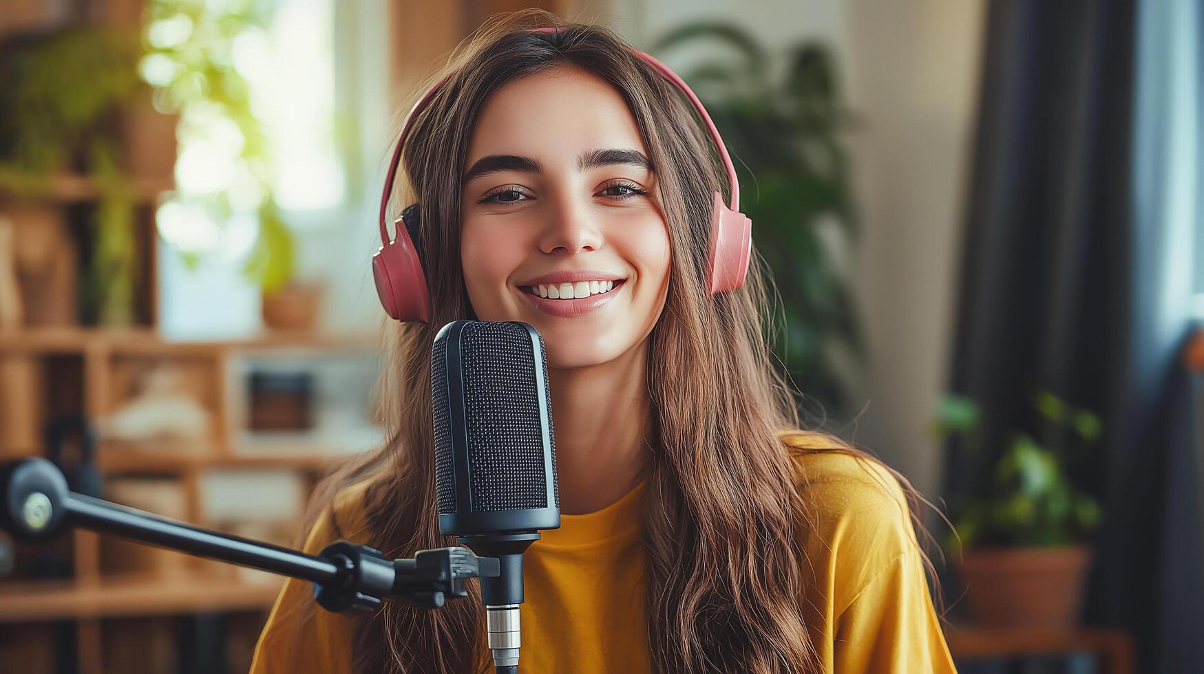 A cheerful young woman with long hair and pink headphones records a podcast at home, speaking into a professional microphone. photo
