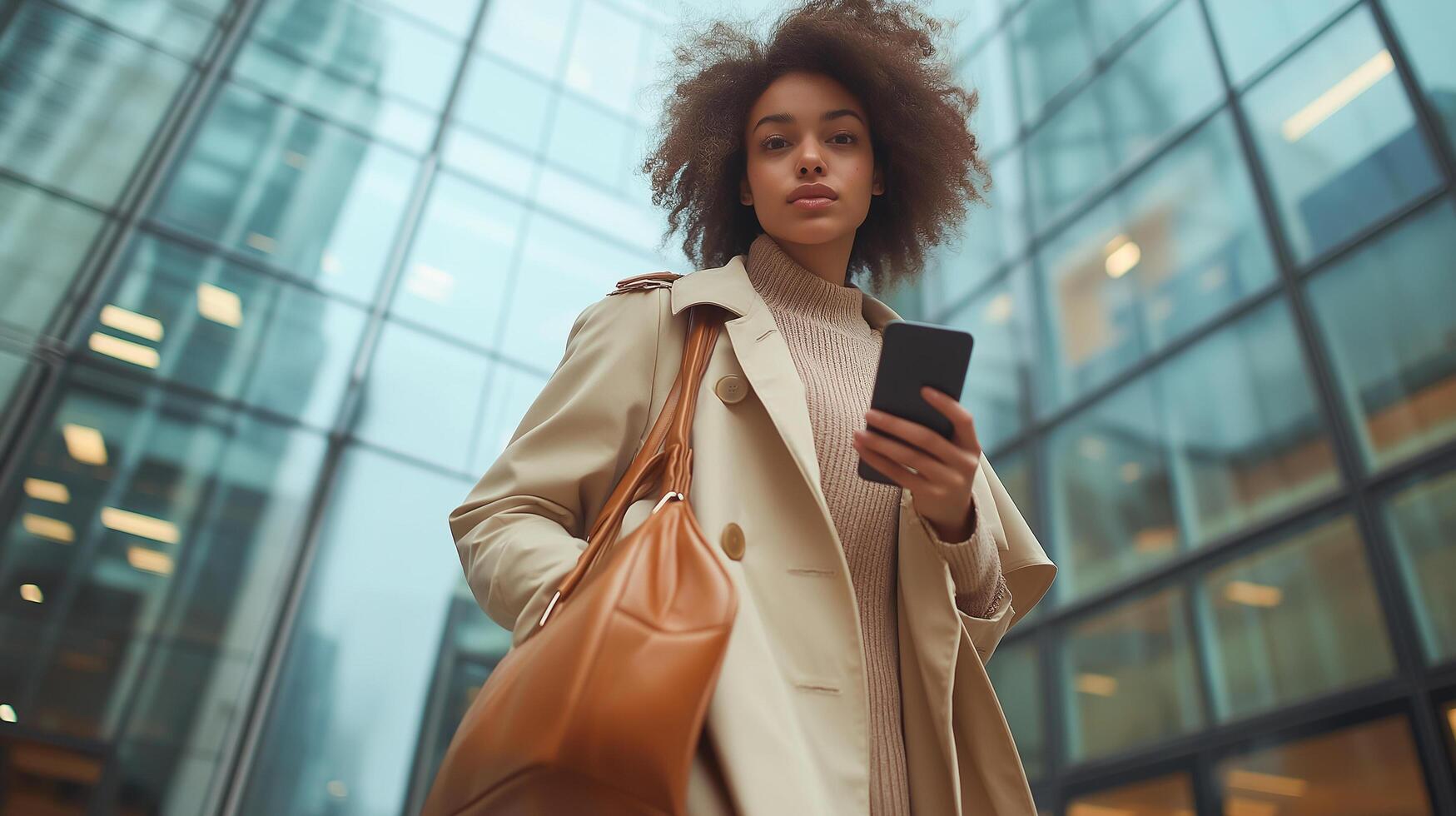 A confident young woman in a beige coat holding a smartphone, standing outside a modern glass building in an urban setting. photo