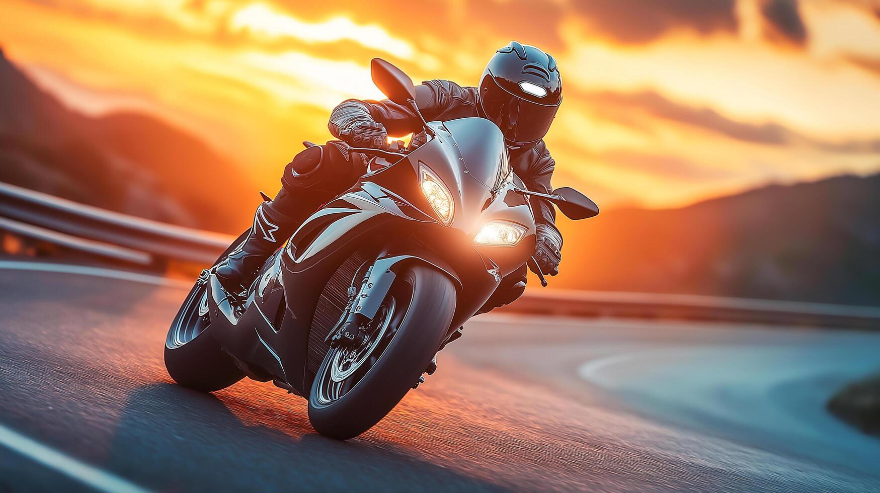 A motorcyclist in full gear speeds along a winding road at sunset, leaning into the curve with precision and adrenaline. photo