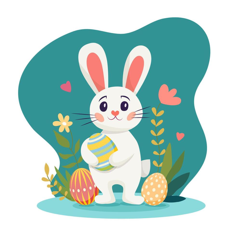 Cute rabbit with colorful eggs surrounded by flowers and leaves vector