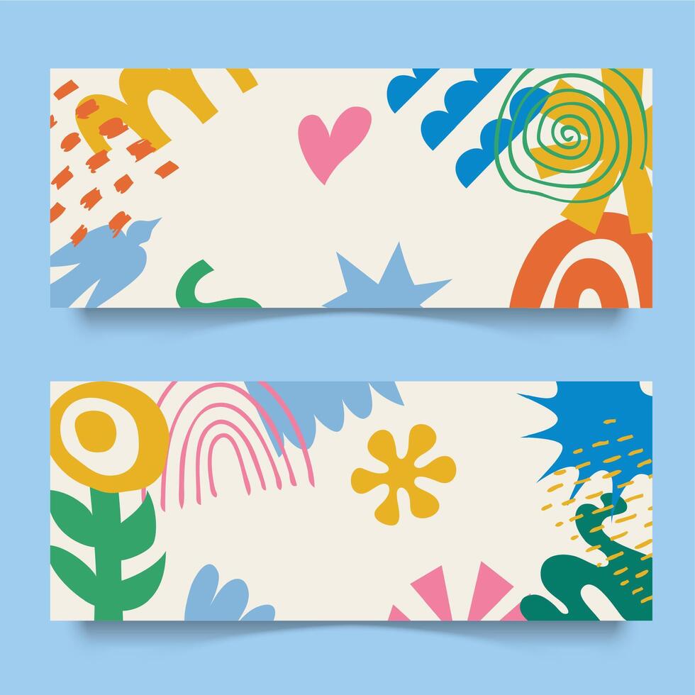 Bright horizontal banners with doodles, abstract forms, and vibrant colors vector