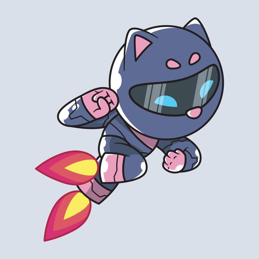 cool robot cat flying with rocket legs about to unleash a punch move vector
