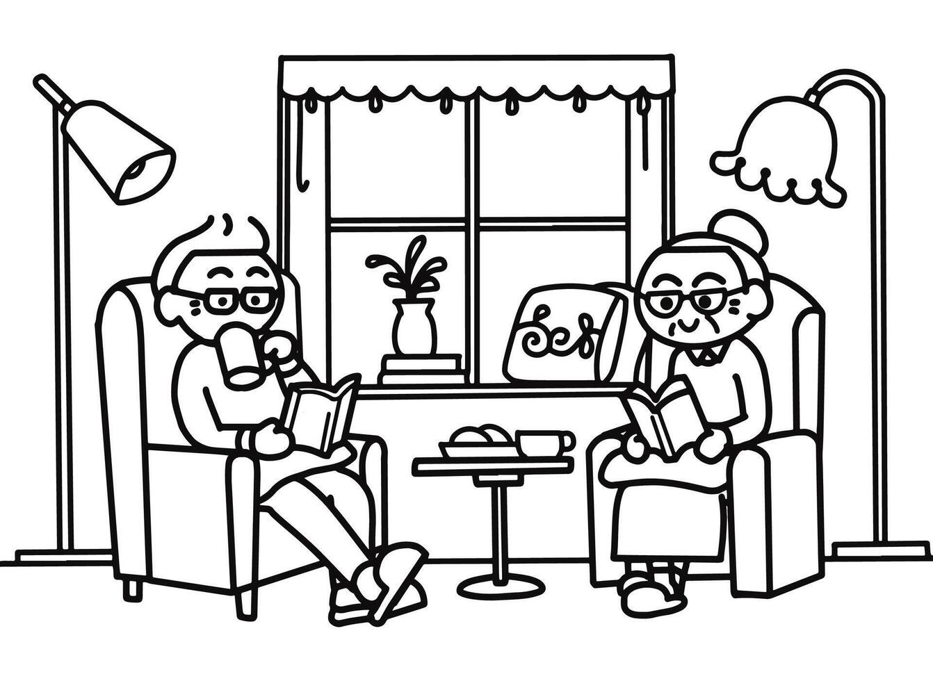 Elderly reading book at Livingroom vector