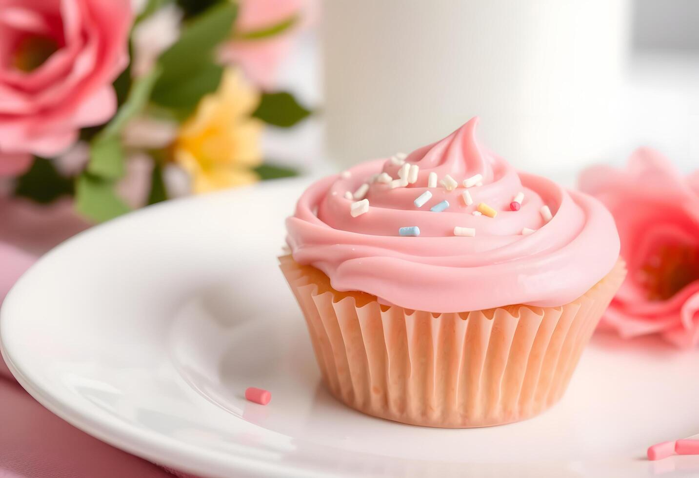 A cupcake with pink frosting on a white plate photo