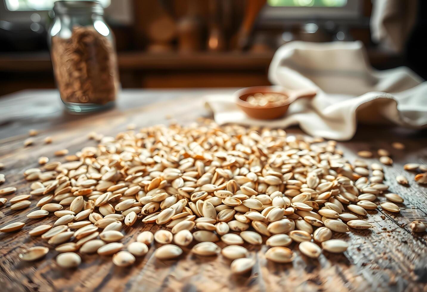 A pile of sunflower seeds on a wooden table photo