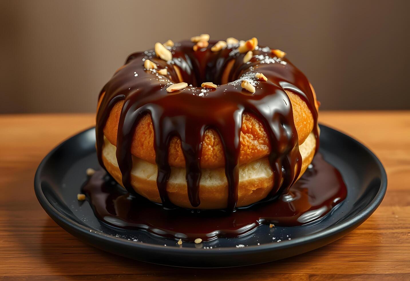 A donut with chocolate sauce and nuts on a black plate photo