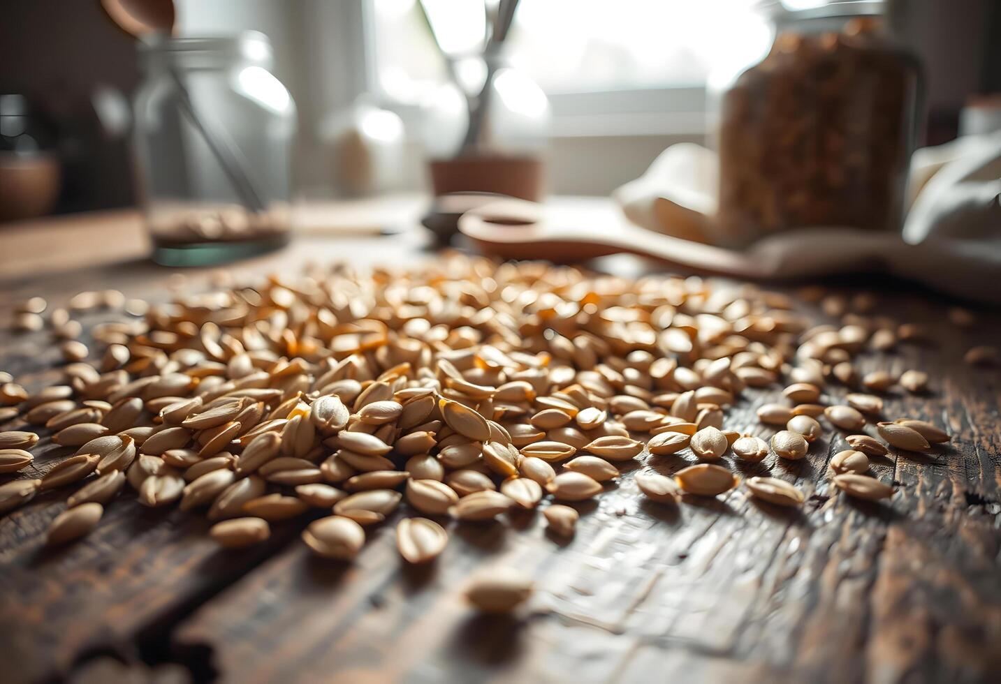 A pile of oats on a wooden table photo