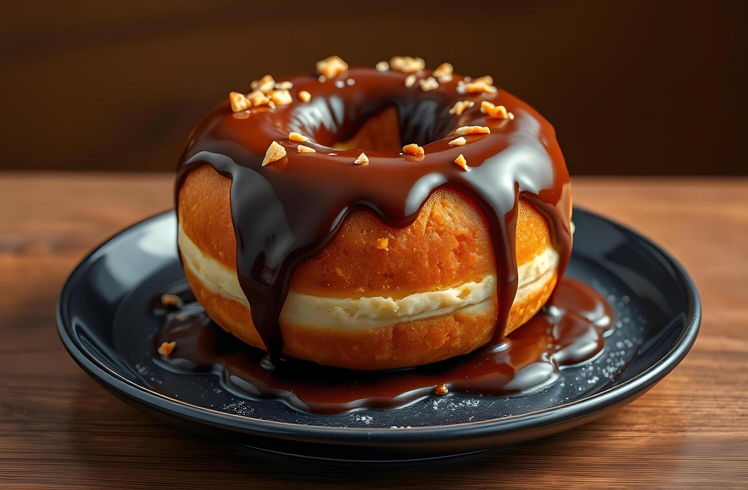 A donut with chocolate and nuts on a black plate photo