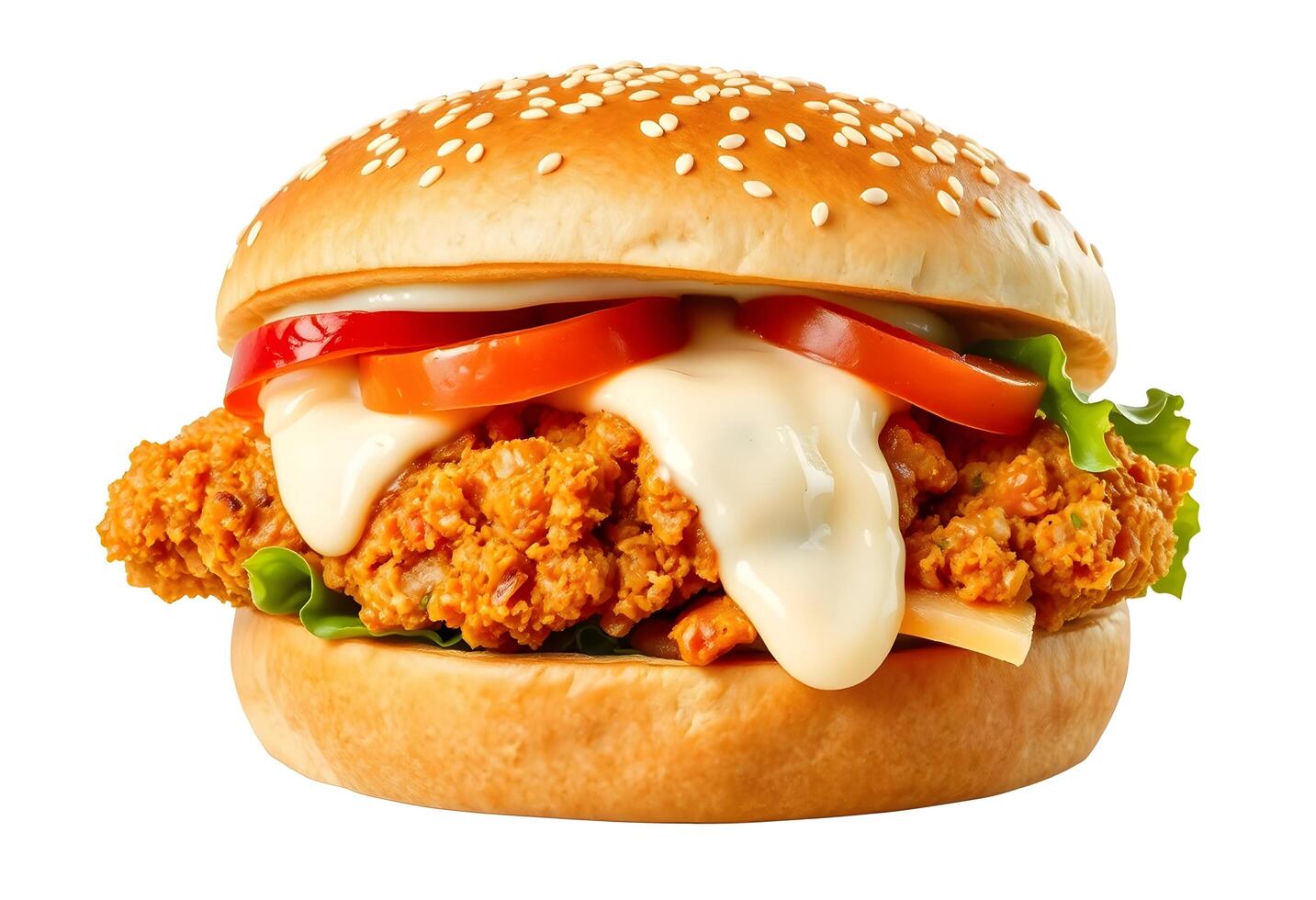 A chicken sandwich with cheese and tomatoes on a white background photo