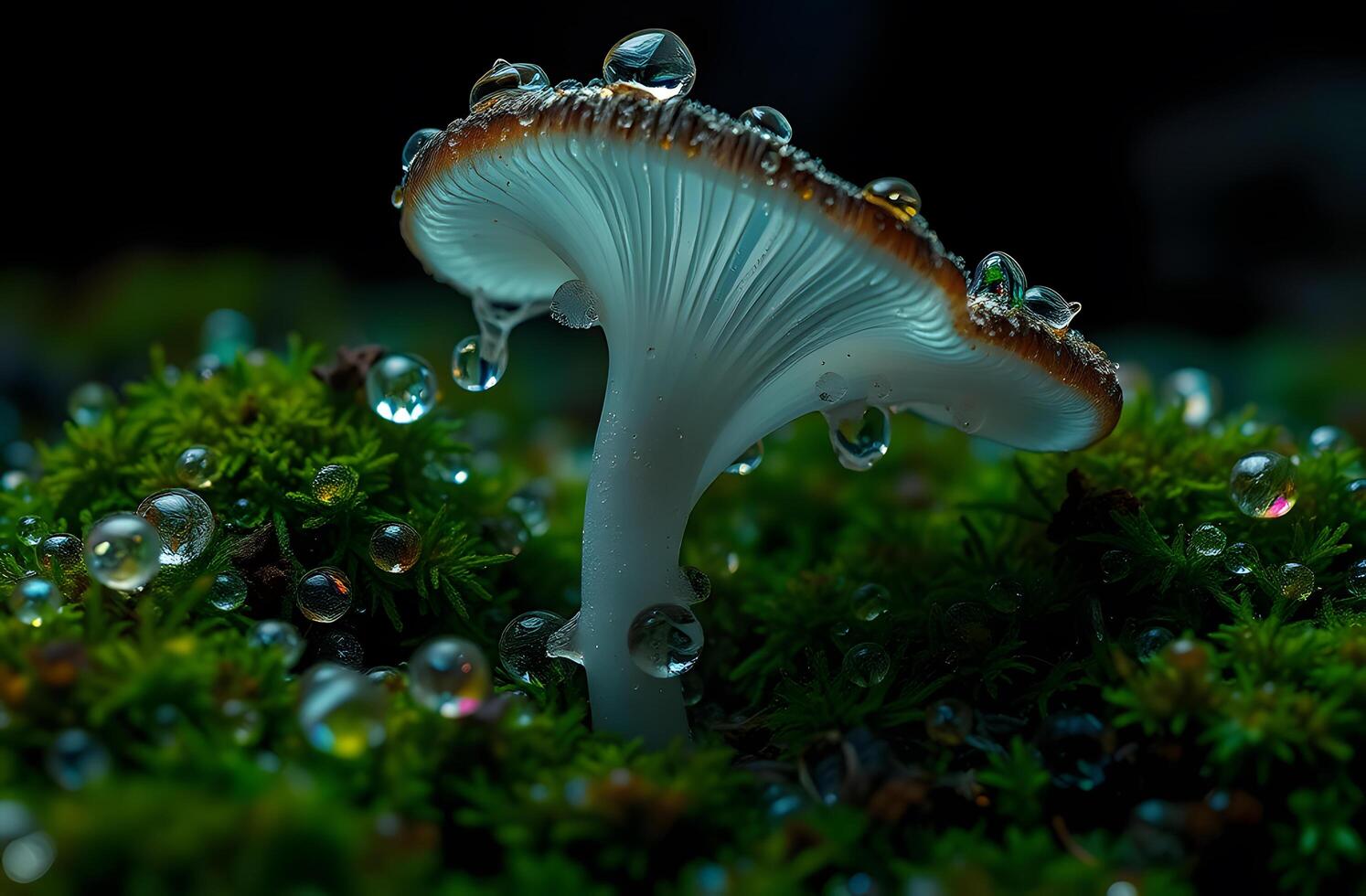A mushroom covered in water droplets sits on a mossy surface photo