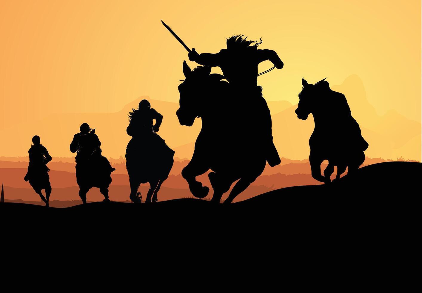 Soldiers riding horses silhouette set vector