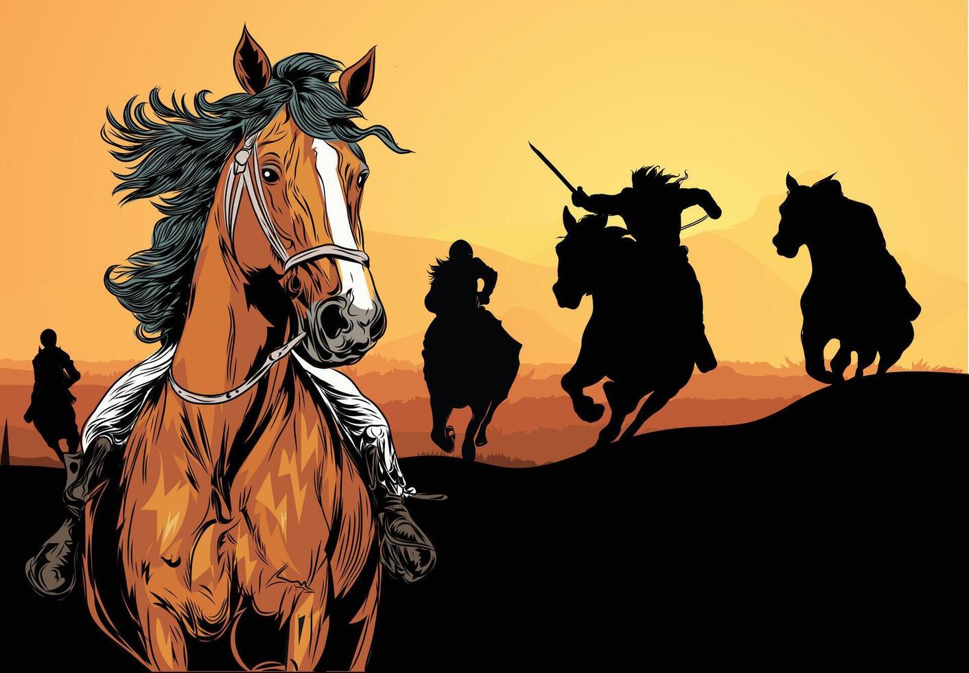 Soldiers riding horses Sillhouette vector